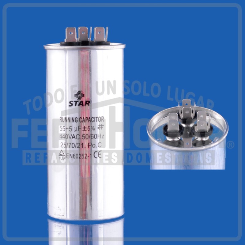 CAPACITOR DUAL AIRE ACONDICIONADO 55 Y 5 MFD 440V REDONDO